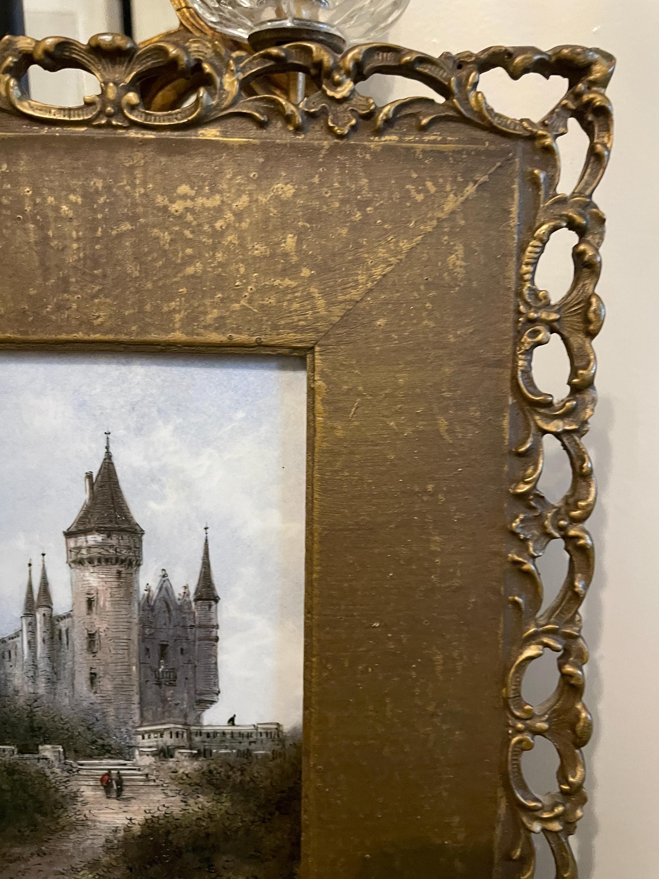 Vintage Hand-Painted Castle Scene Ornate Gold Gilded Frame Romantic Artwork Signed Collectible Architectural Landscape Wall Decor