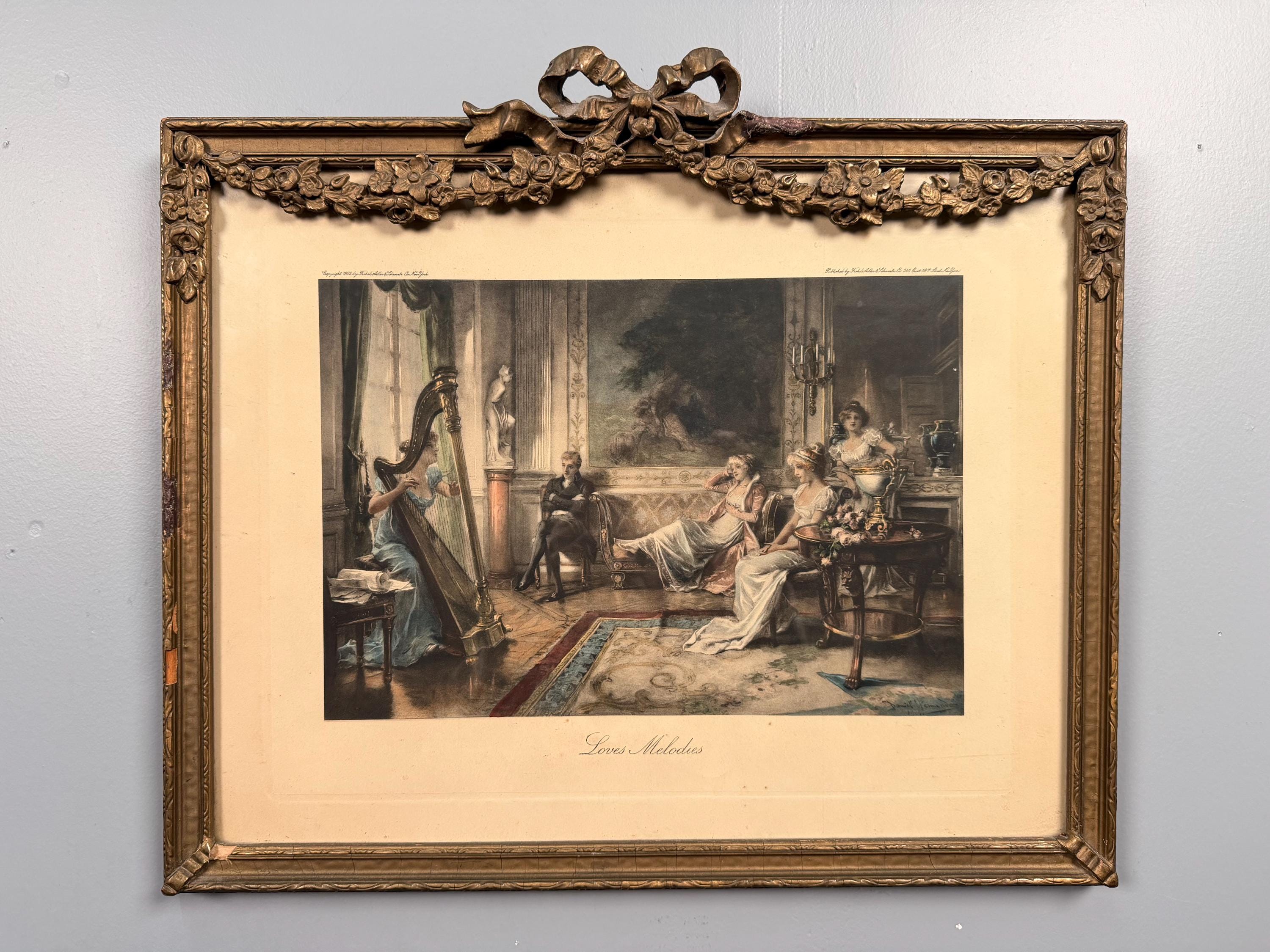 Vintage Framed Print “Love’s Melodies”  Ornate Gold Frame Romantic Victorian Scene Wall Art