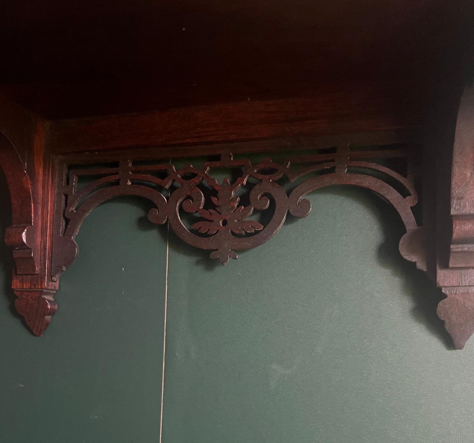 Antique Victorian Wall Mirror Wood Frame Gothic Shelf Hallway Accent Ornate Entryway Decor Carved Hanging Piece Collectible Unique Vanity