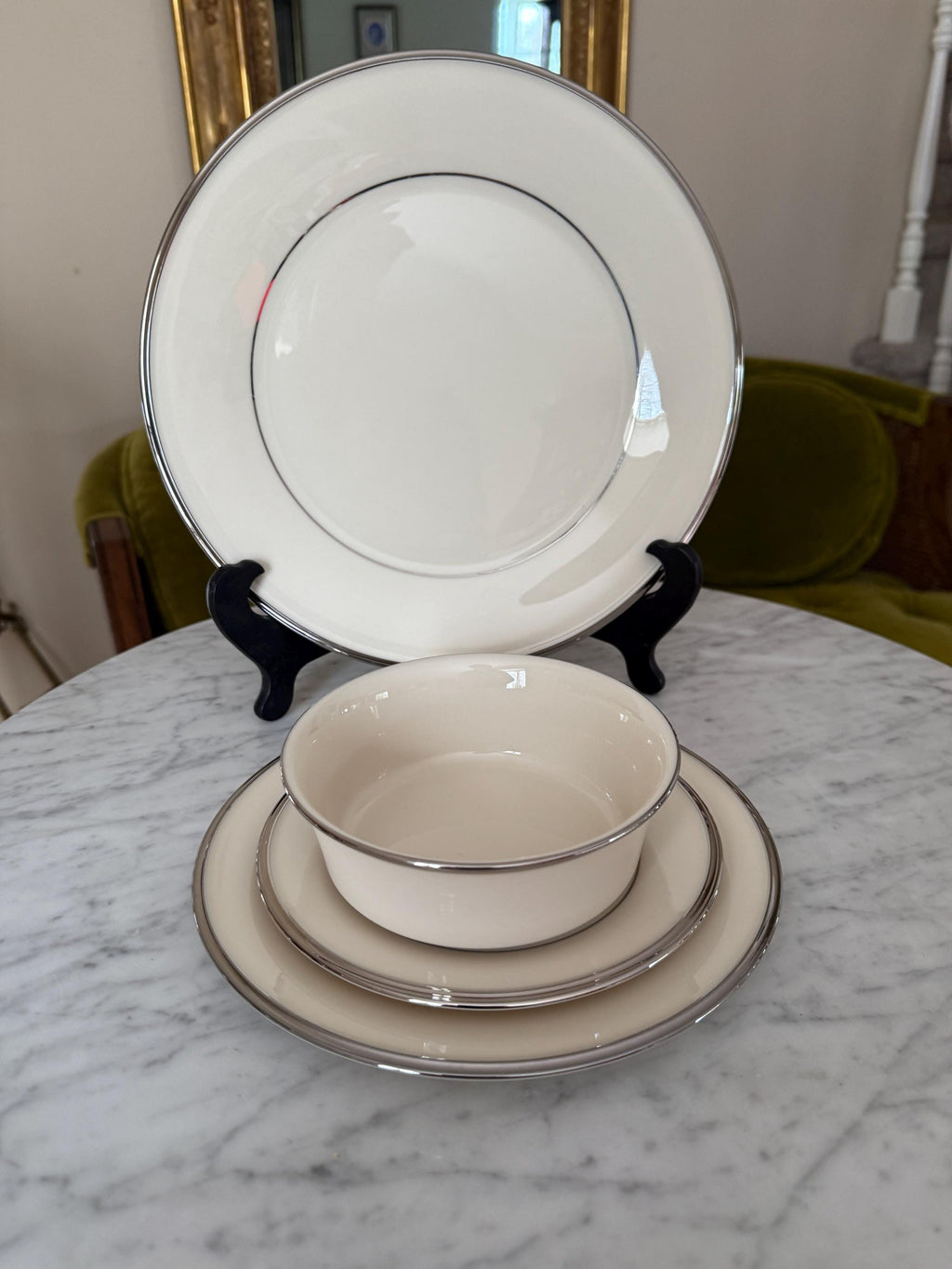 Set of 6 Lenox Solitaire Ivory Bone China Dinnerware Platinum Trim Elegant Dinnerware Set Salad Plates Dinner Plates Salt & Pepper Shakers