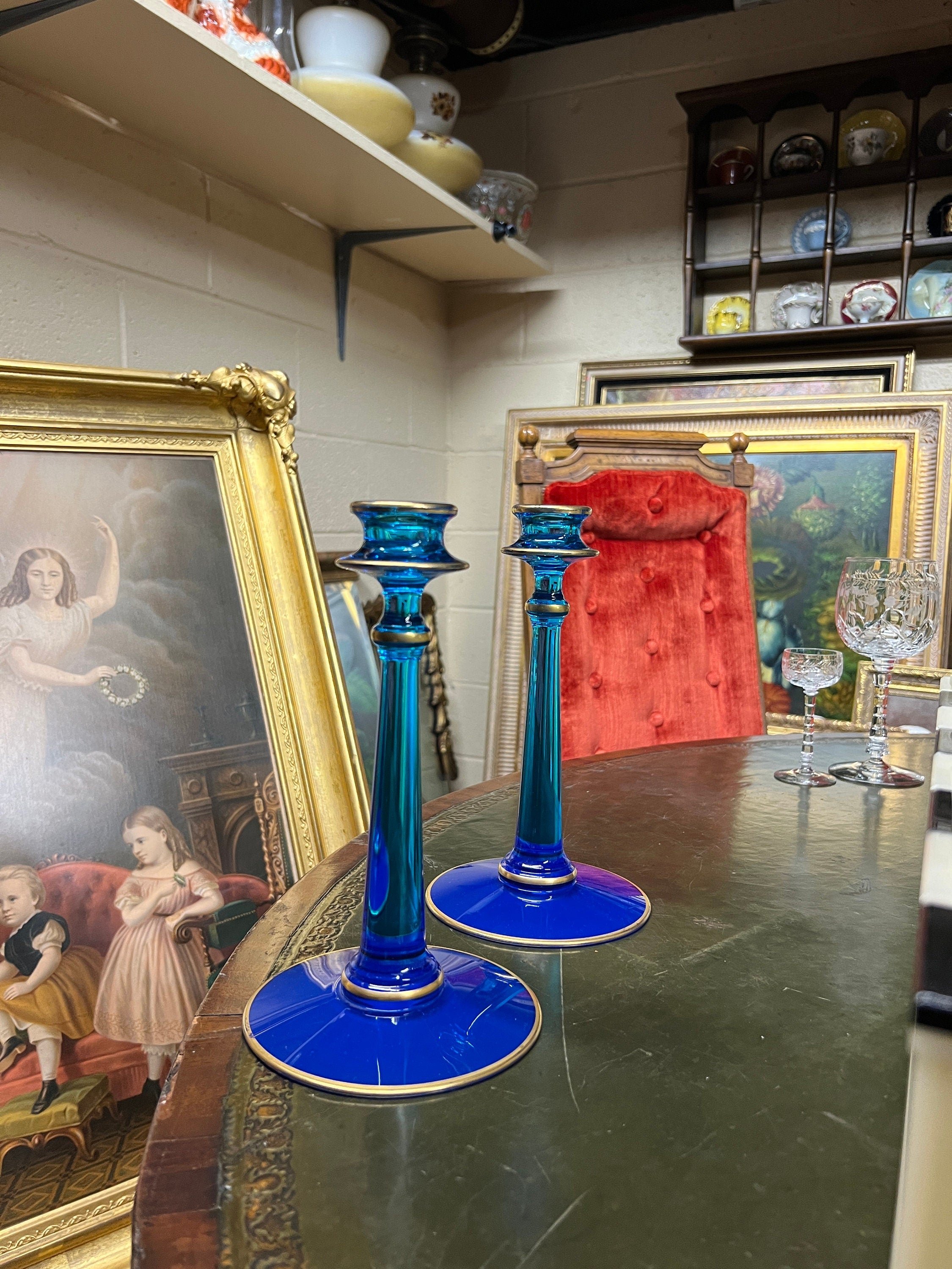 Vintage Blue Glass Candlesticks Pair Elegant Tall Design Gold Rim Mid Century Decor Classic Elegant Table Accents Collectible Candle Holders