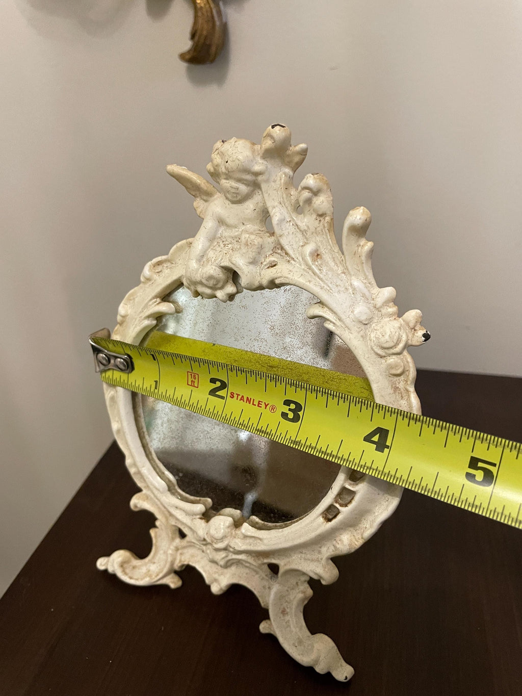 Vintage Ornate Tabletop with Cherub Accent Rococo Style Distressed White Finish Collectible Vanity Deco Antique Inspired Design Mirror
