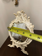 Vintage Ornate Tabletop with Cherub Accent Rococo Style Distressed White Finish Collectible Vanity Deco Antique Inspired Design Mirror