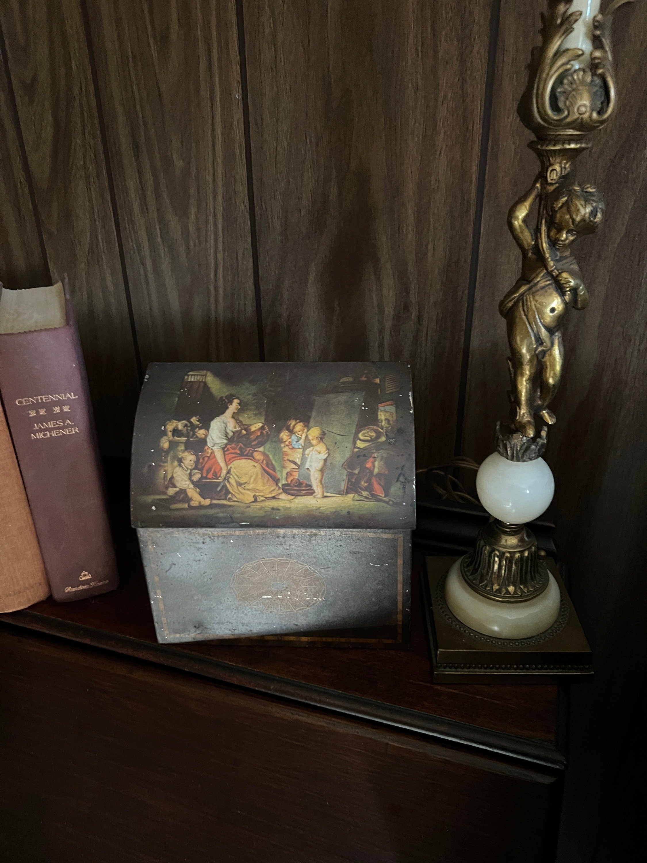 Vintage Metal Storage Tin Box European Classical Art Dome Lid Decorative Container Unique Rustic Antique Style Collectible Keepsake Holder