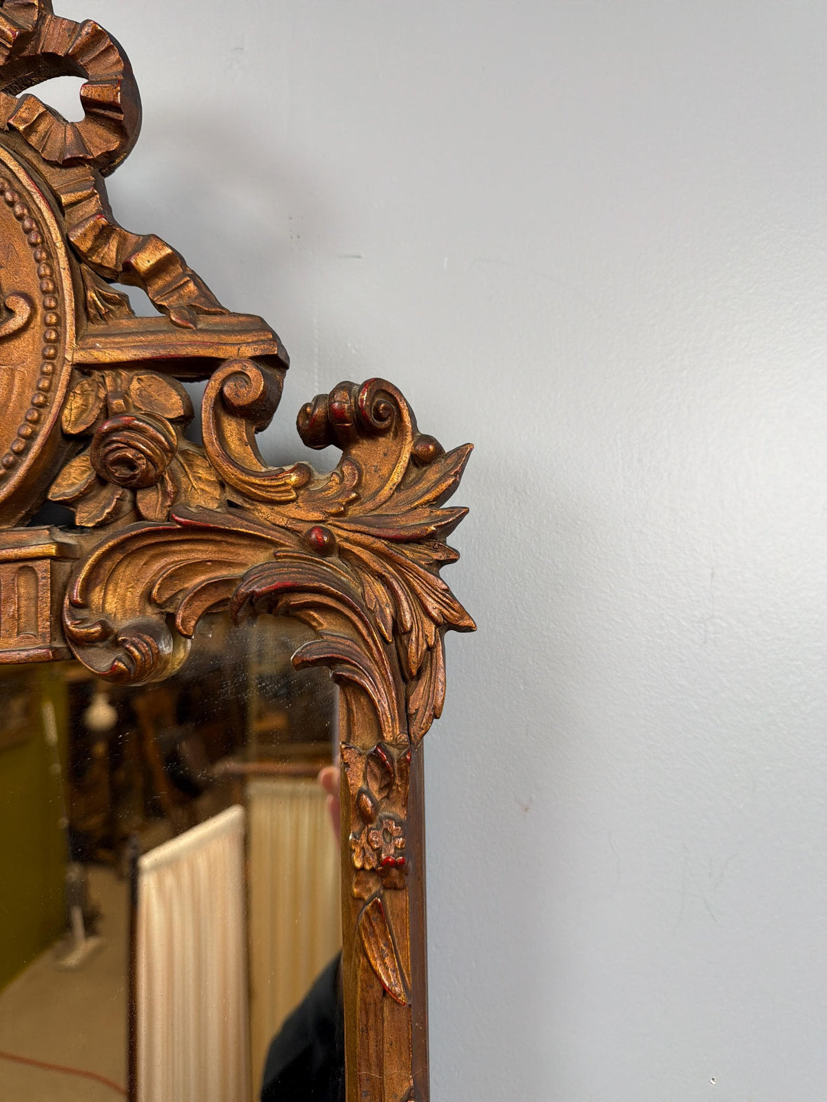 Tall Narrow Vintage French Louis XVI Wall Mirror Ornate Brown and Gold Carved Frame Entryway Mirror