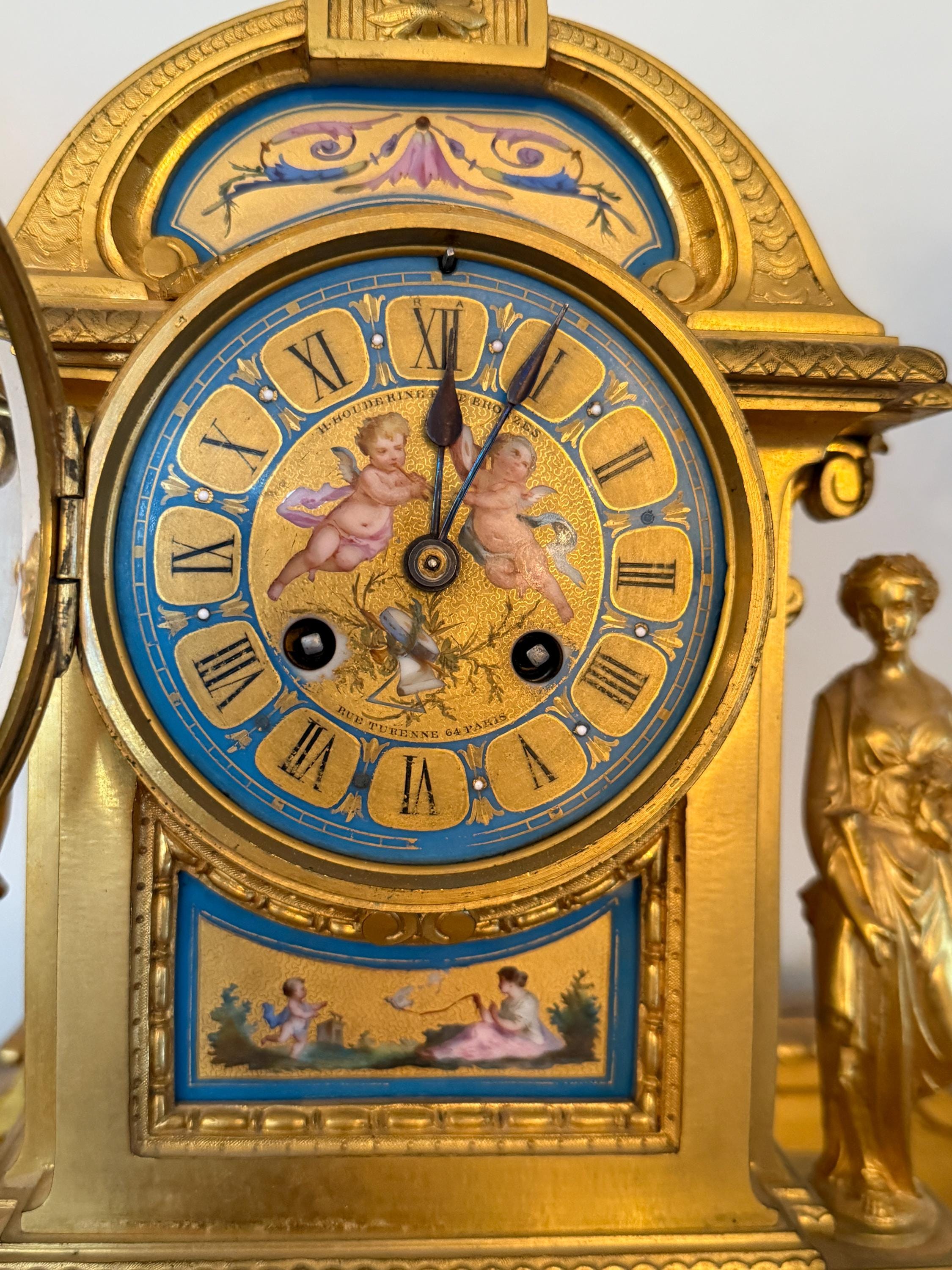 Antique French Ormolu Clock Candelabra Garniture Set Late 19th Century Cloisonné Enamel Sevres  Porcelain Clock  Set Luxurious Home Decor
