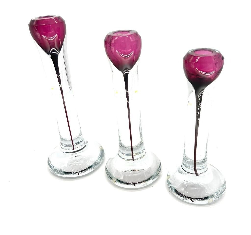 Vintage Scandinavian Glass Candle Holders Purple Drip Design Heavy Clear Base Mid Century Modern Elegant Statement Home Decor Collectible