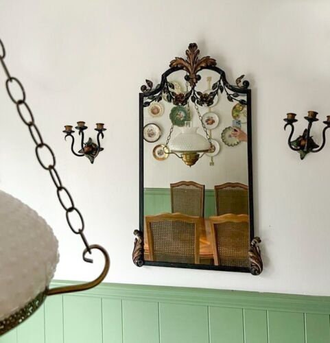 Polychromed Iron Vintage Italian Florentine Style Floral Mirror Wall Sconces Set French Gold Leaf Wrought Iron Decor Elegant Entry Accent