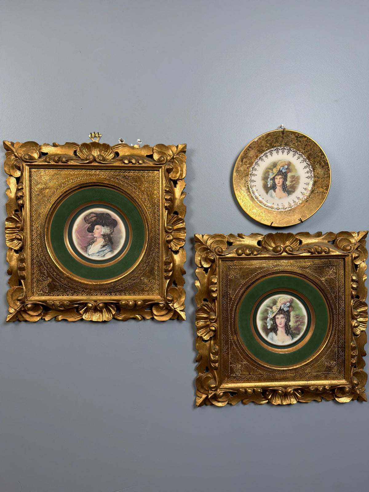 Vintage Gilt Framed Porcelain Portrait Plates Set of 3, Rococo Victorian Lady Wall Decor