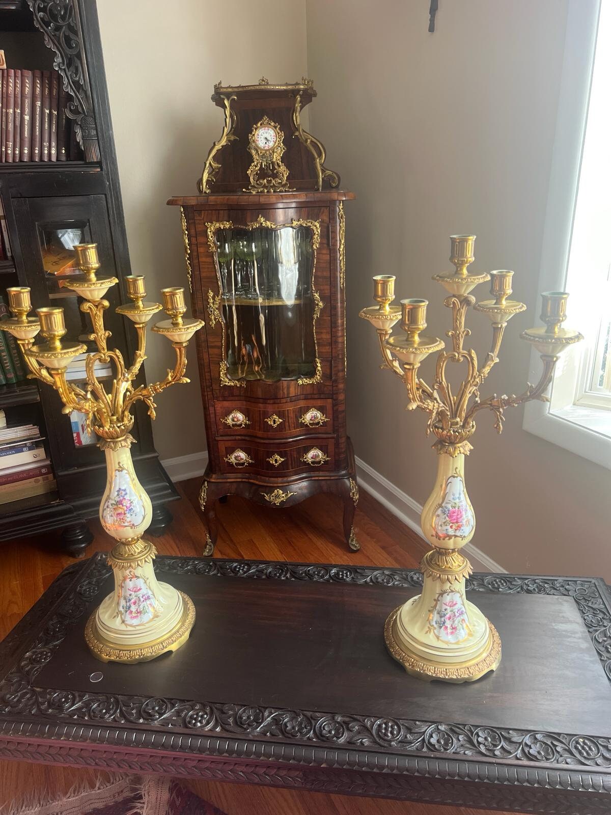 Antique French Candelabra Pair Porcelain Floral Gilt Bronze Five Arm Candle Holders Rococo Style Elegant Table Mantel Centerpiece Decor