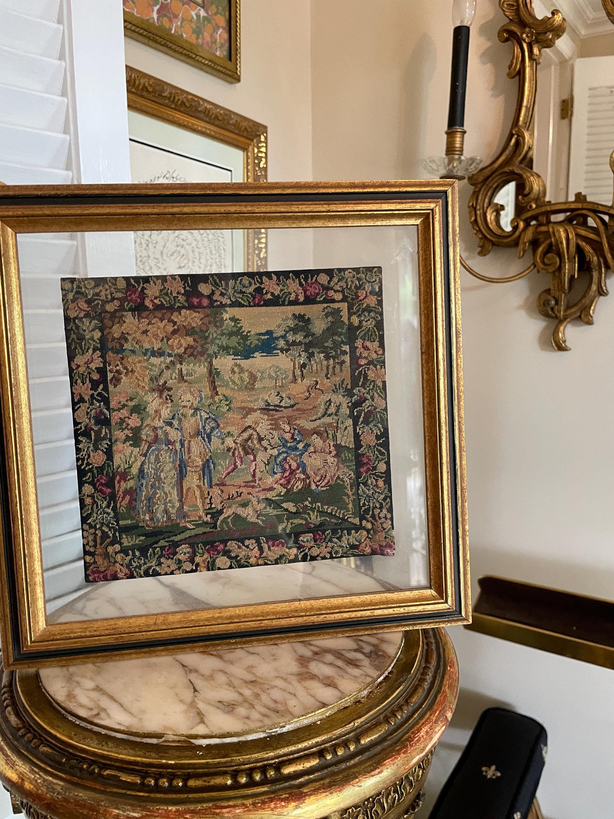 Vintage Handcrafted Needlepoint Tapestry Art Gold Frame Romantic Pastoral Scene European Wall Decoration Antique Style Embroidery Picture