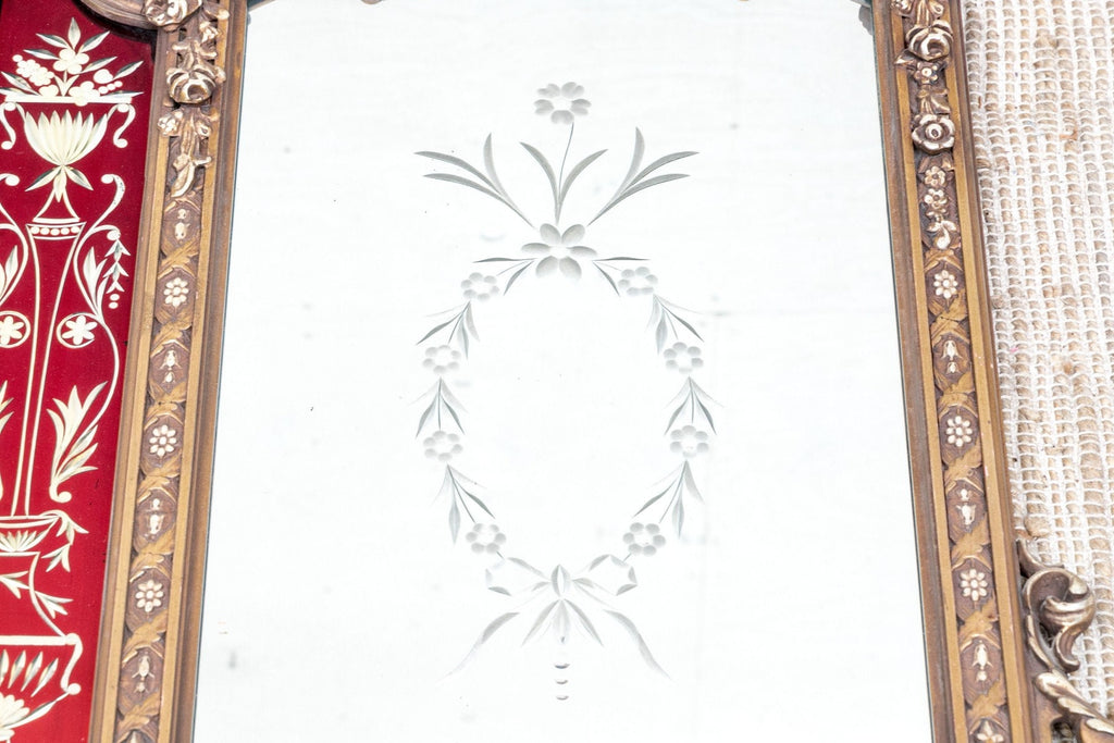 Antique Trifold Mirror Gilt Carved Frame Etched Glass Victorian Neoclassical Mirror Red Panel Impressive Etched 3 Part Large Mirror C 1840