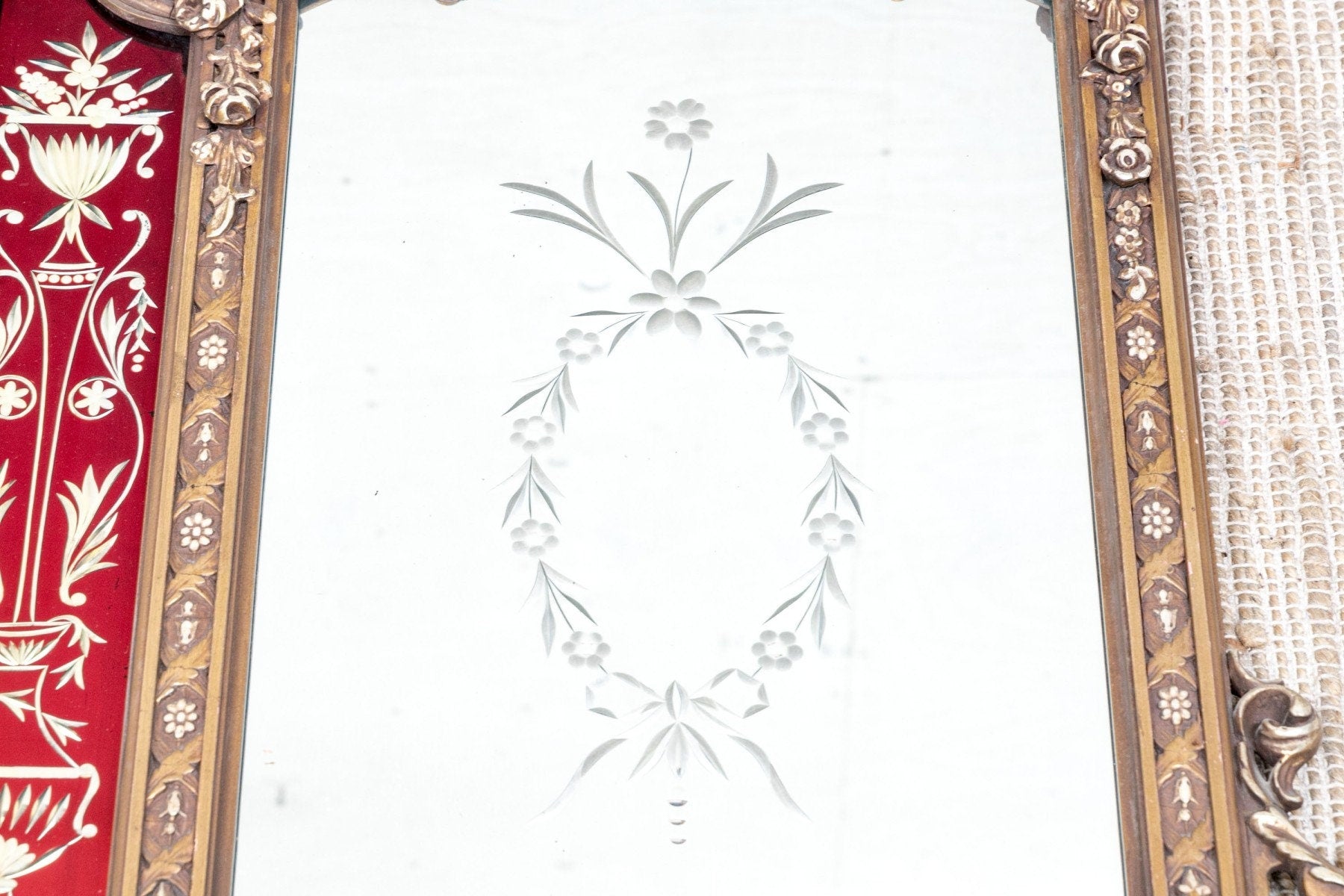 Antique Trifold Mirror Gilt Carved Frame Etched Glass Victorian Neoclassical Mirror Red Panel Impressive Etched 3 Part Large Mirror C 1840