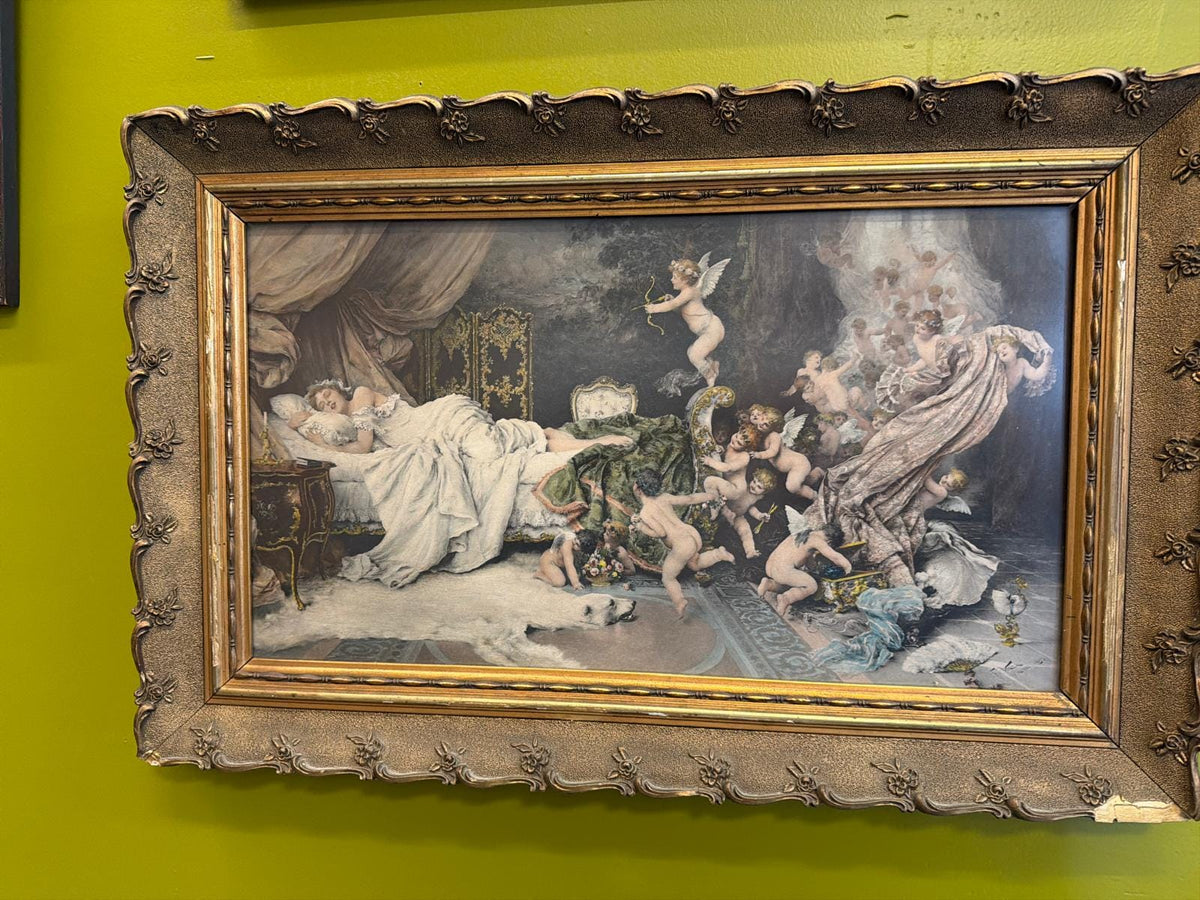 Vintage Ornate Gold Gilt Framed Angel Scene Wall Art Romantic Classical European Style Decor