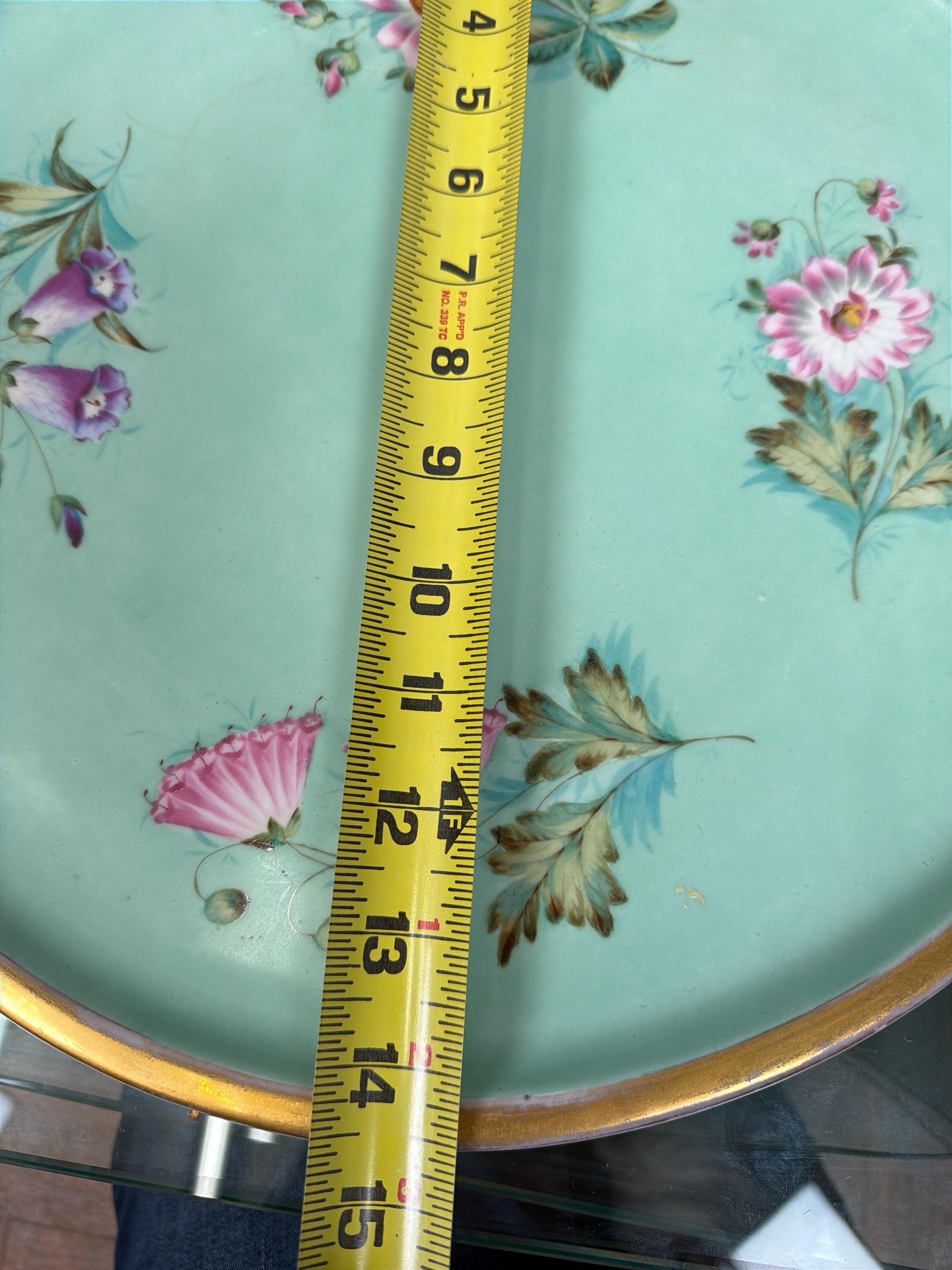 Vintage Hand Painted Porcelain Tray, Mint Green Floral Serving Vanity Tray, Gold Gilt Handles Decorative Display Plate