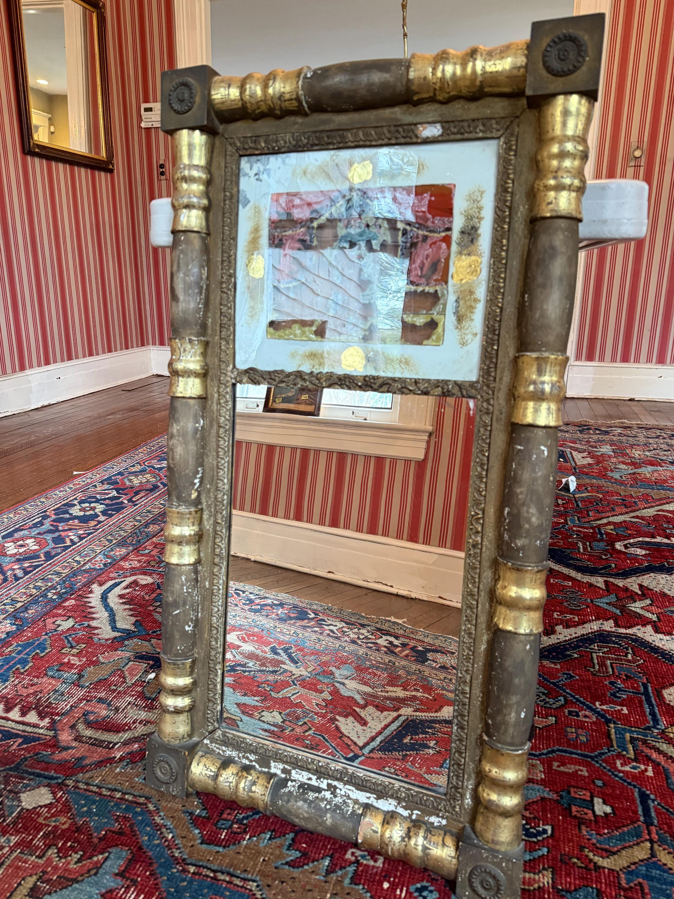 Antique Federal Gilded Trumeau Mirror 19th Century Wood & Gold Leaf Wall Mirror Eglomise Panel Collectible Mirror Luxurious Home Decoration