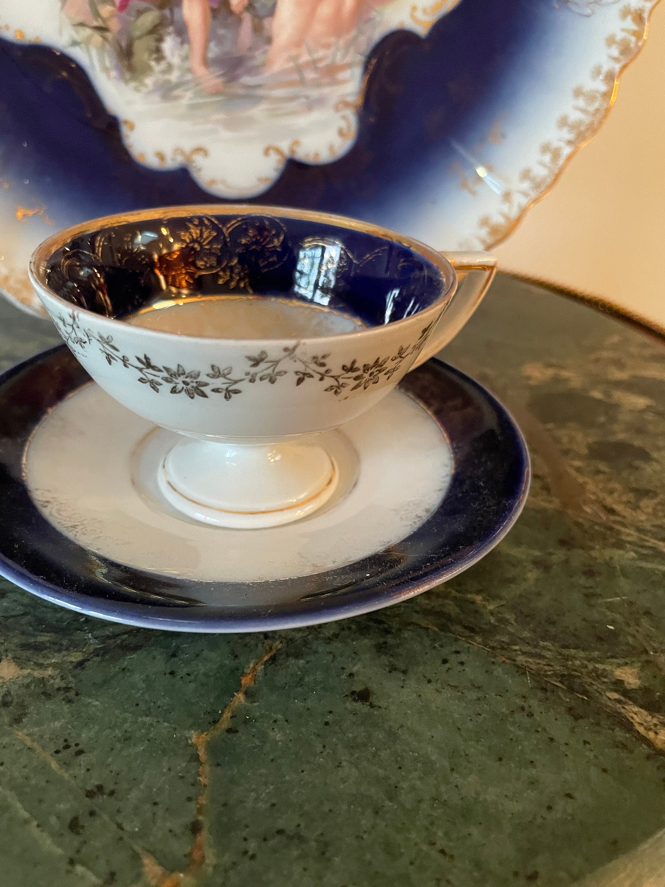 Antique Cobalt Blue Porcelain Tray Tea Cup Saucer Set Mythological Figures Hand Painted Gold Details Rococo Design European Collectible Art
