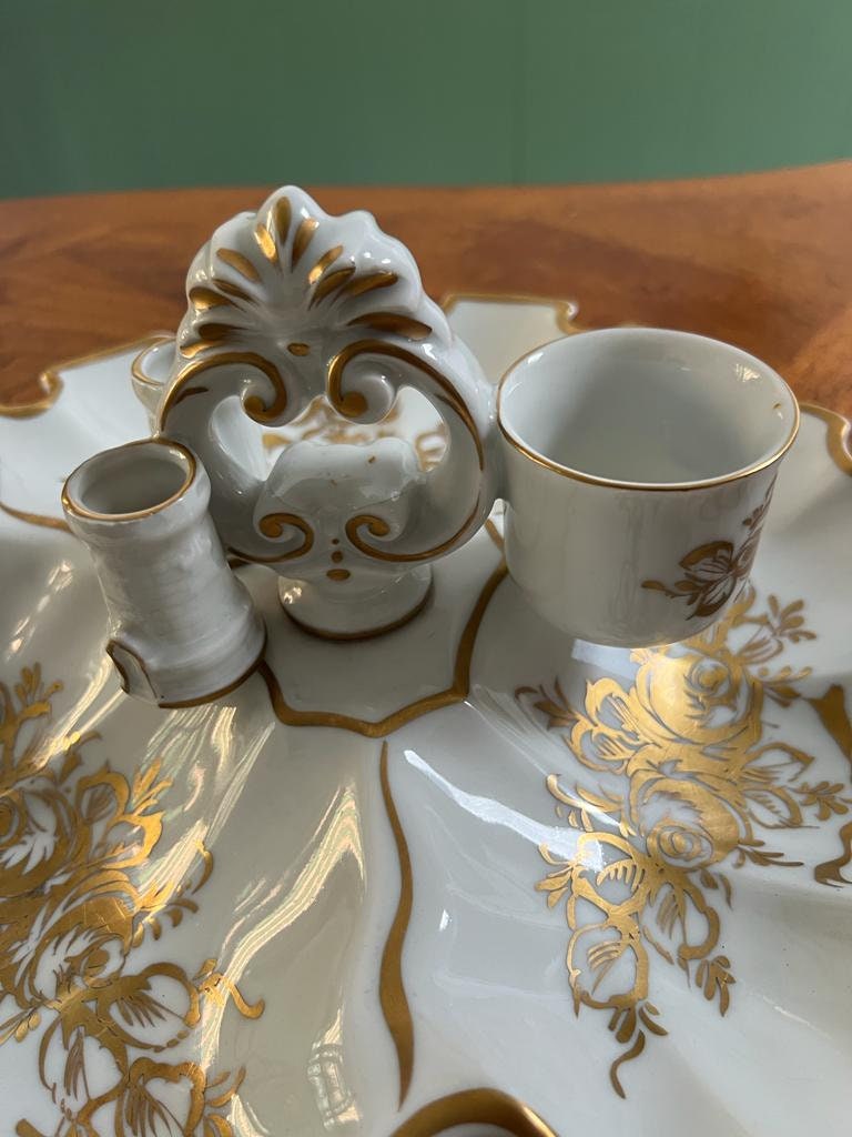 Vintage Hand Painted Porcelain Vanity Tray Rococo Style Handle Floral Design Gold Trim Brush Holder Cup Elegant Victorian Bathroom Decor