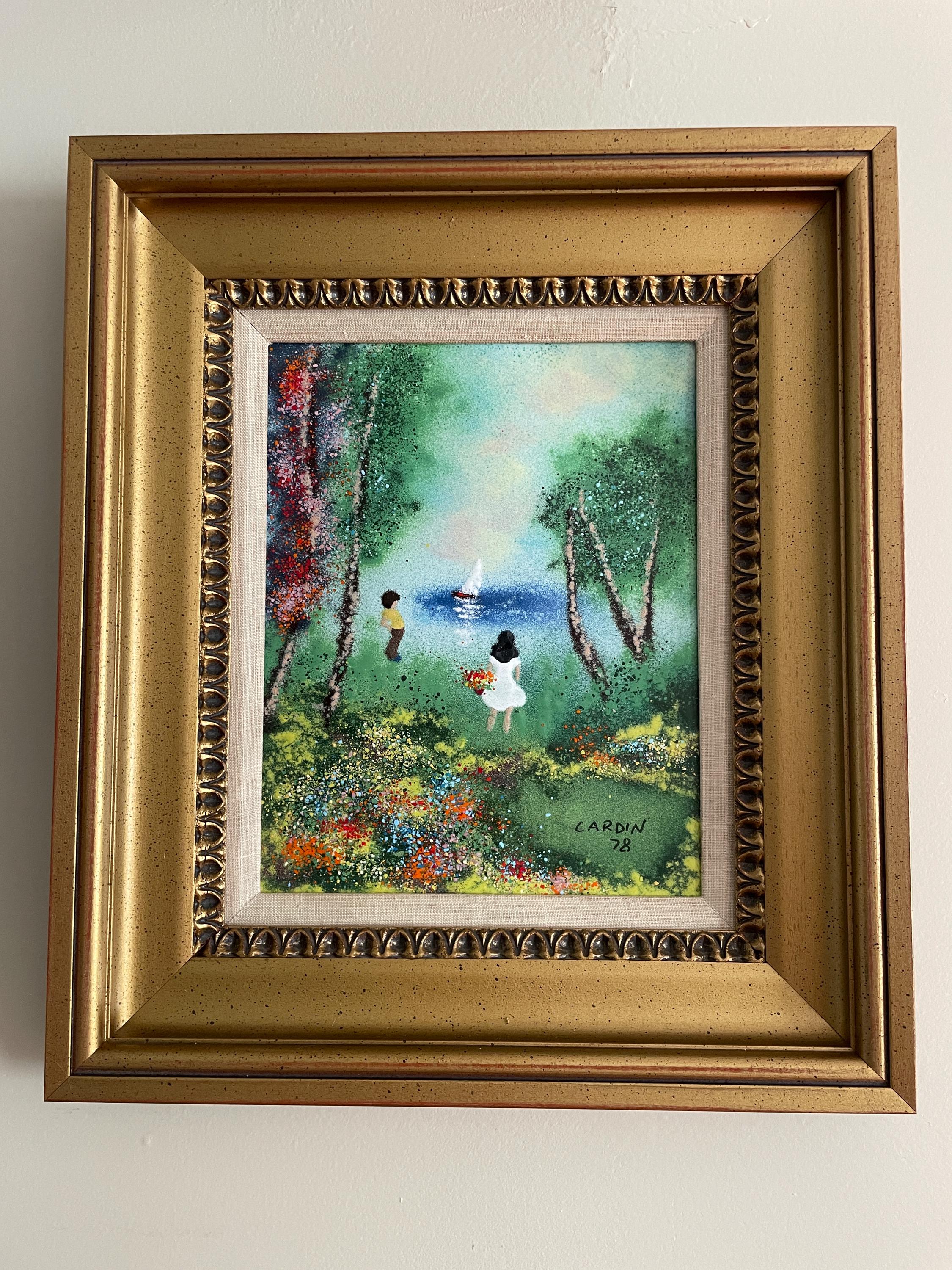 Louis Cardin Signed Original 1978 Artwork Framed Impressionist Painting Enamel Nature Scene Collectible Wall Art Certified Vintage Frame Art