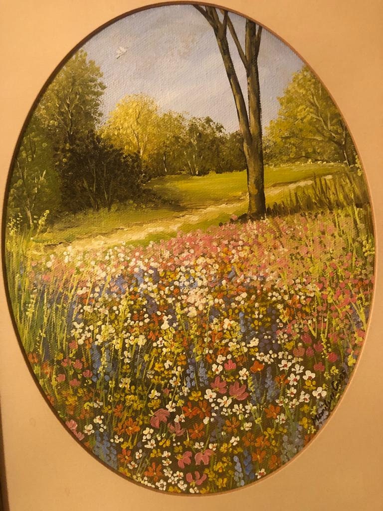 Vintage Oval Framed Wildflower Landscape Painting Signed by Artist Marilyn Goff Peaceful Countryside Cottage Meadow Garden Scene Decoration