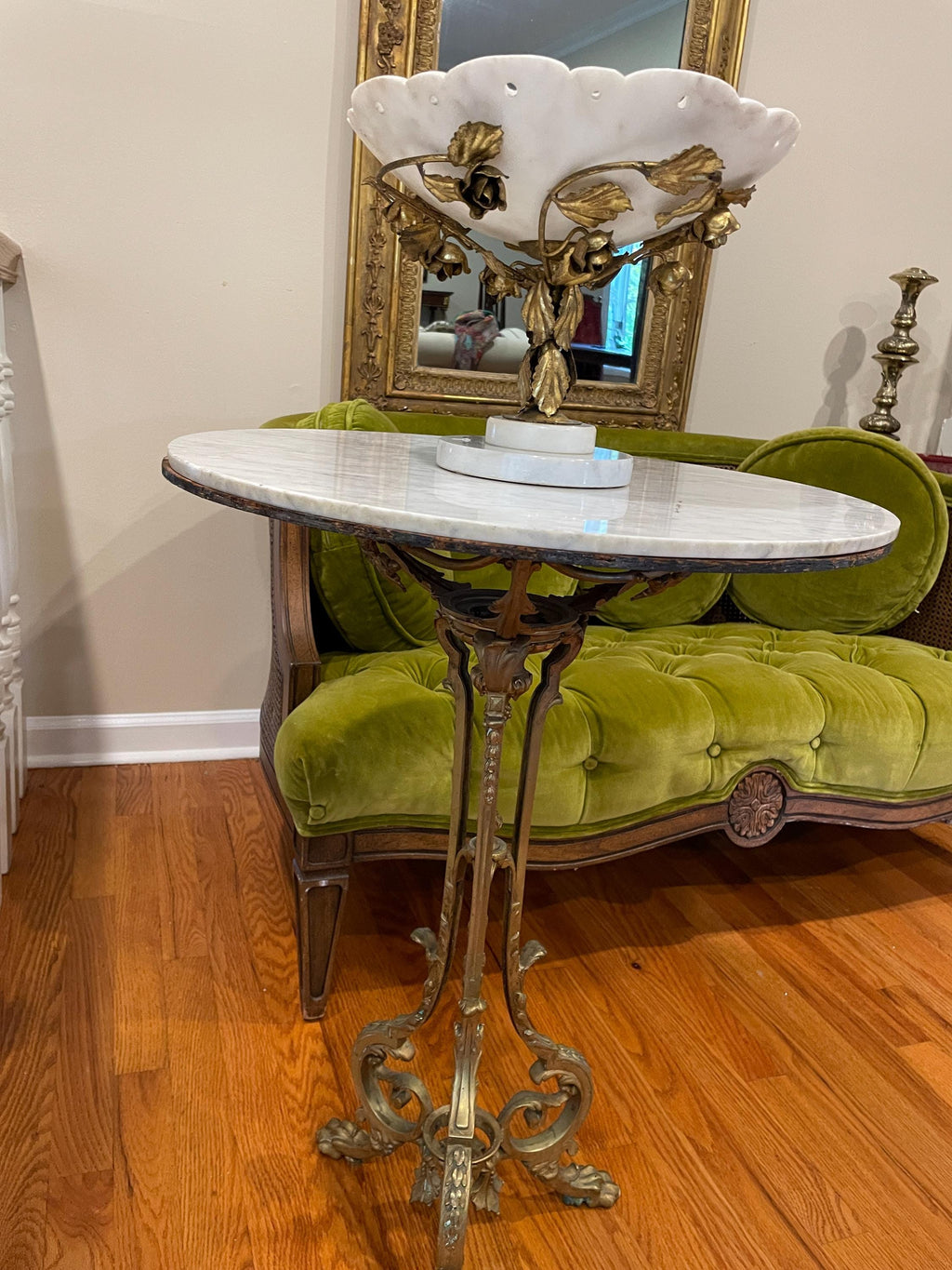Antique White Marble Compote Centerpiece Pedestal Bowl Ornate Floral Gilt Brass Base French Victorian Table Decor Elegant Classic Accent