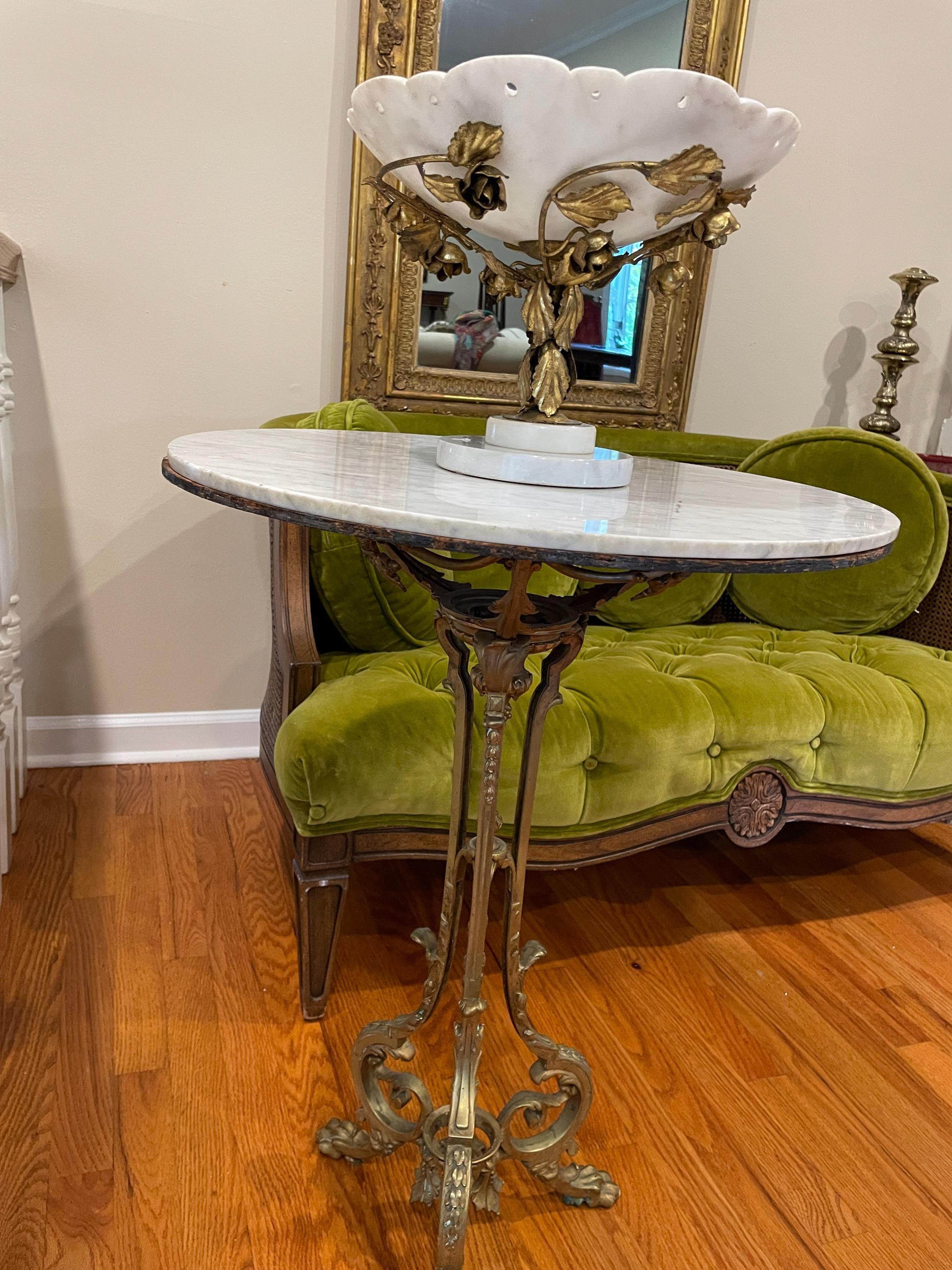 Antique White Marble Compote Centerpiece Pedestal Bowl Ornate Floral Gilt Brass Base French Victorian Table Decor Elegant Classic Accent