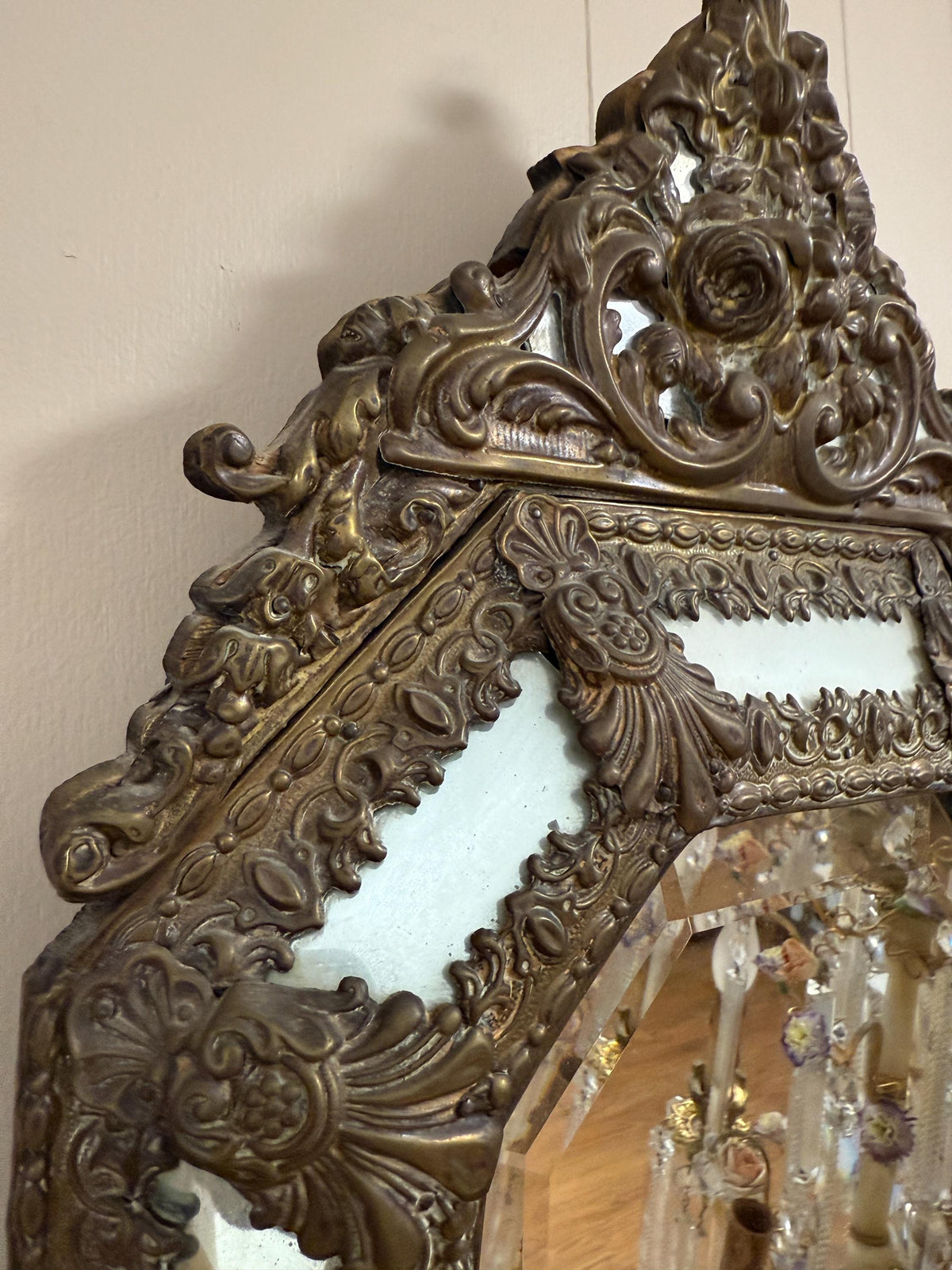 Antique French Bronze Rococo Mirror, Ornate Floral Crest, Beveled Glass