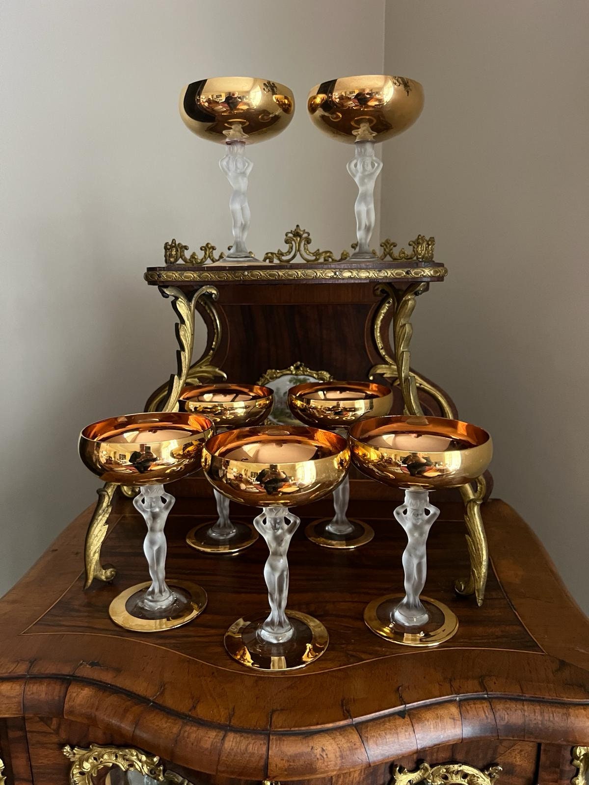 Art Deco Style Vintage Coupe Glasses Set Featuring Frosted Nude Female Stems Gold Bowls Crystal Detail Perfect Display Barware Home Decor