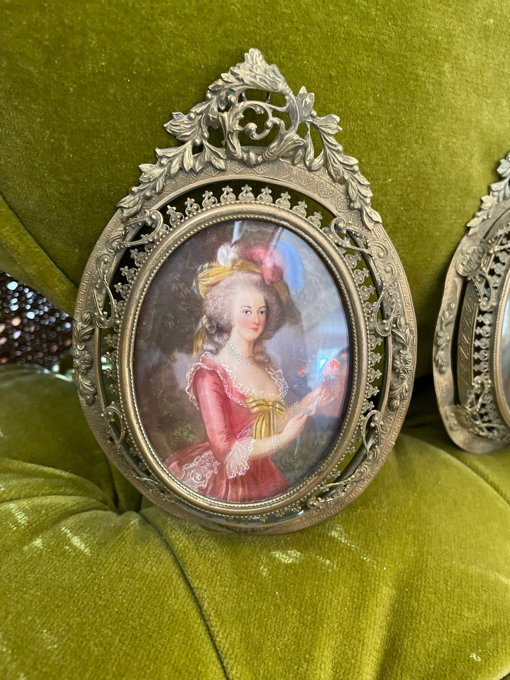 Romantic Antique French Style Portrait Miniatures Set of Two Hand Painted in Ornate Brass Frames 18th Century Rococo Wall Art Decor Gift