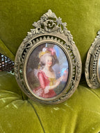 Romantic Antique French Style Portrait Miniatures Set of Two Hand Painted in Ornate Brass Frames 18th Century Rococo Wall Art Decor Gift
