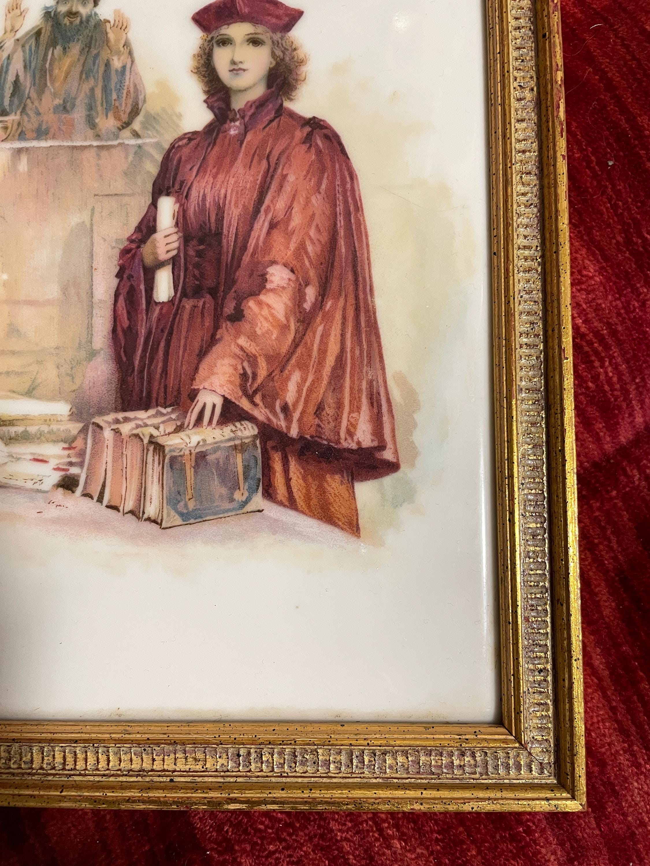 Vintage Graduation Themed Painting on Tile Art Framed Portrait of Graduate in Academic  Classic Gold Frame Decor  Christmas Gift Elegant