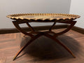 Vintage Brass Tray Table Folding Wood Base, Middle Eastern Moroccan Style Round Coffee Table