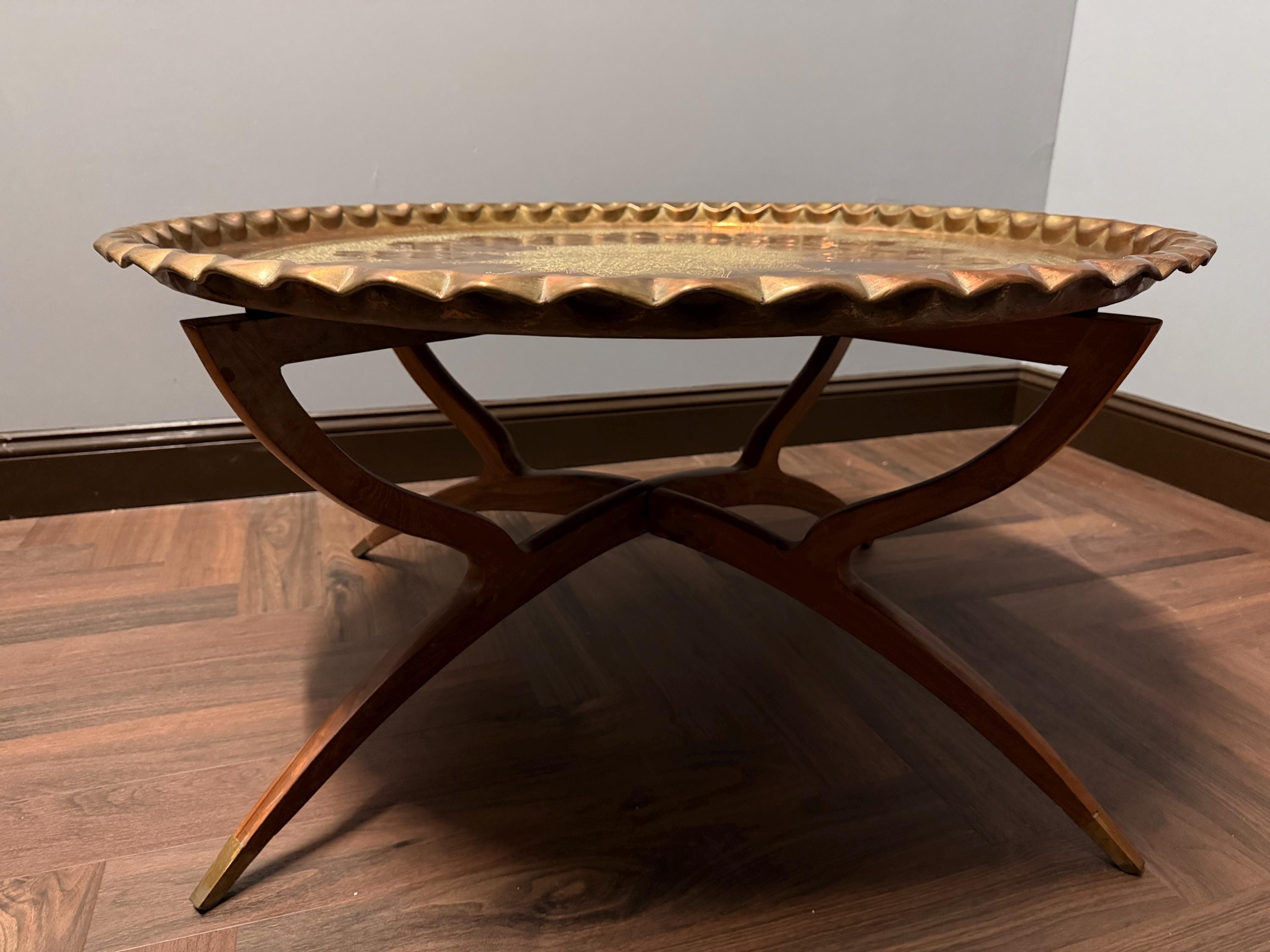 Vintage Brass Tray Table Folding Wood Base, Middle Eastern Moroccan Style Round Coffee Table