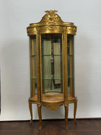 Victorian Wood Gilded Glass Display Cabinet Curved Glass Antique Showcase Shelves Gold Trimmed Curio Cherub