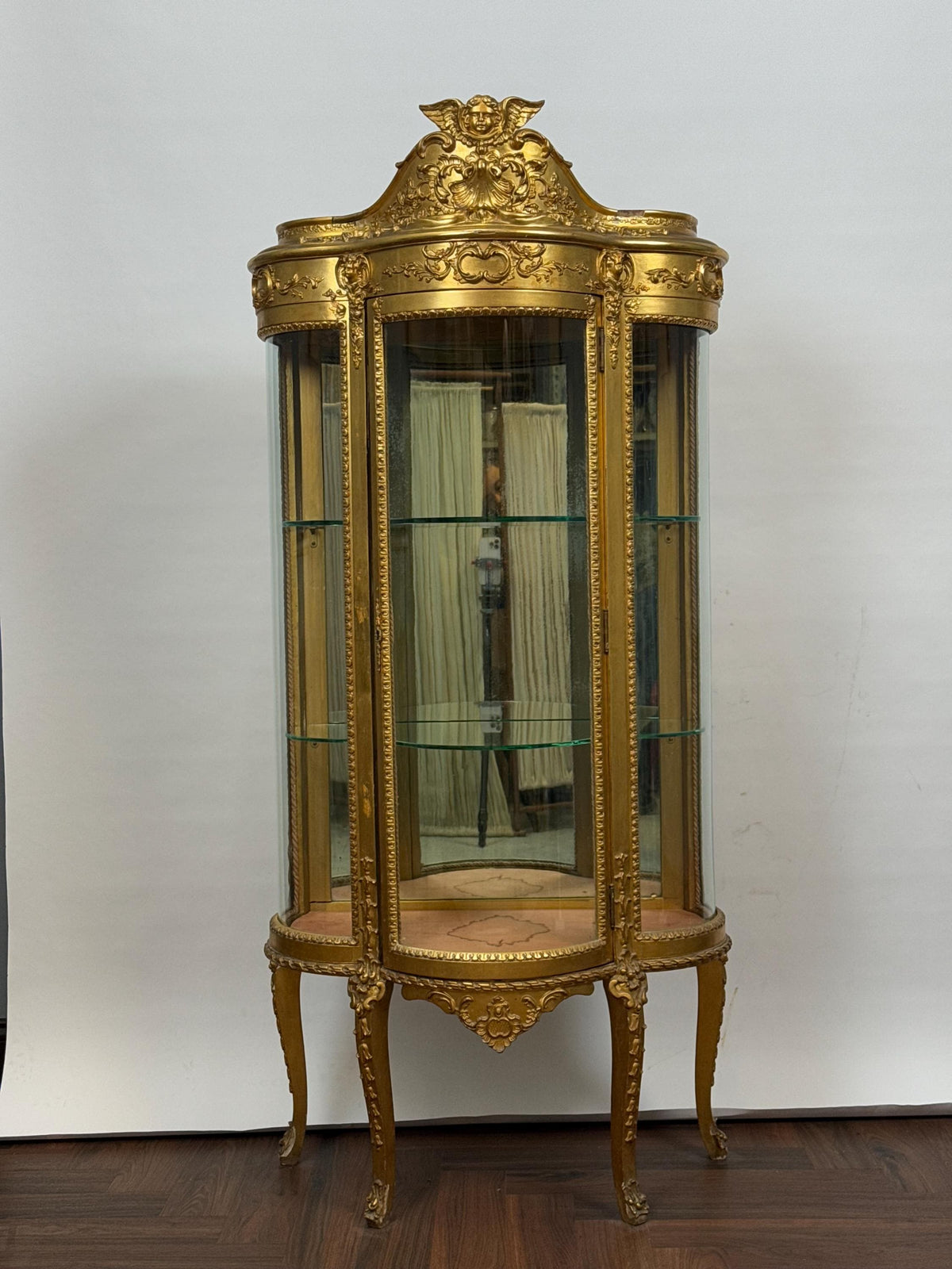 Victorian Wood Gilded Glass Display Cabinet Curved Glass Antique Showcase Shelves Gold Trimmed Curio Cherub