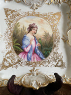 Antique Hand Painted Porcelain Tray Rococo Gold Gilt French Style Victorian Wall Hanging Figurative Decorative Plate Collectible Art Piece