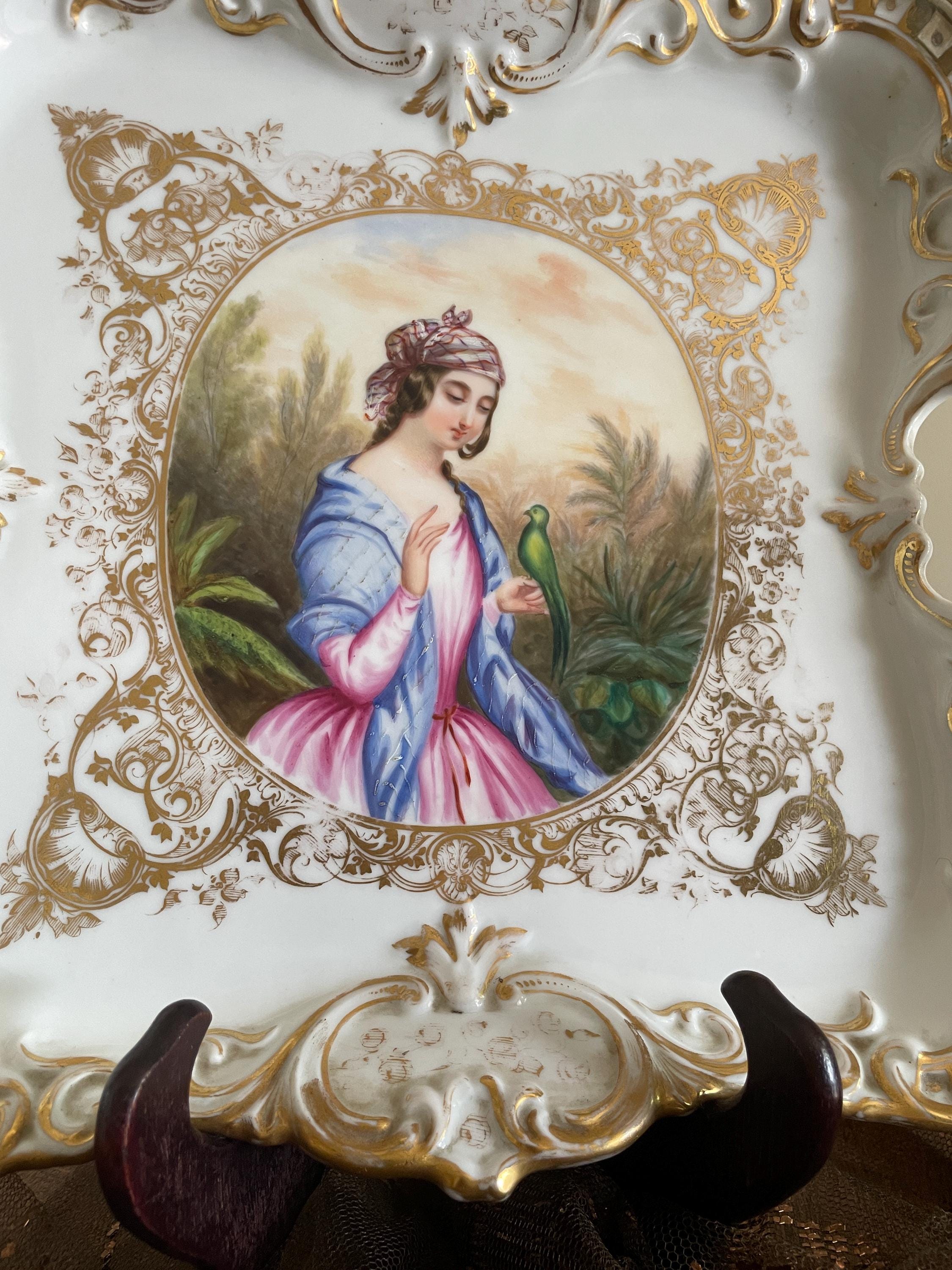 Antique Hand Painted Porcelain Tray Rococo Gold Gilt French Style Victorian Wall Hanging Figurative Decorative Plate Collectible Art Piece