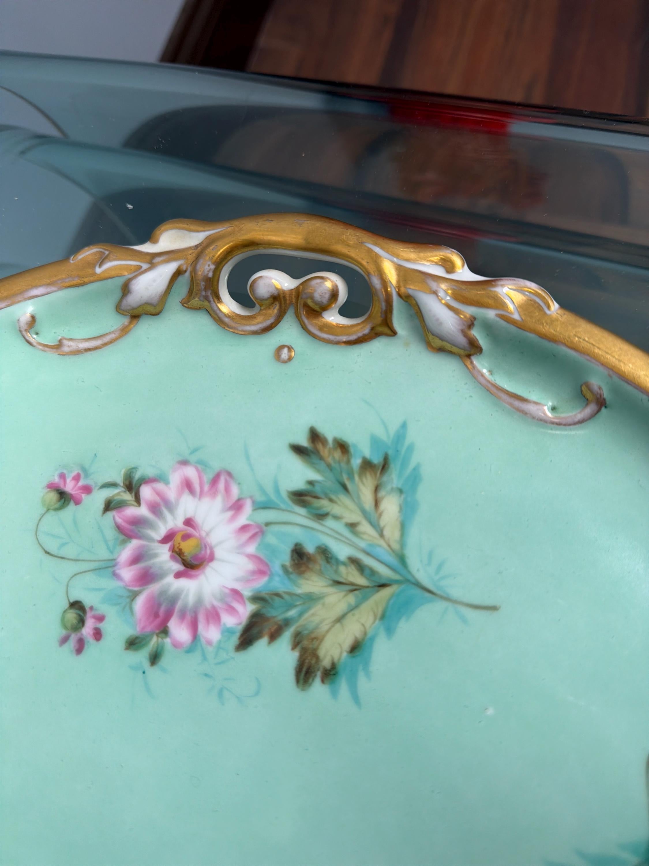 Vintage Hand Painted Porcelain Tray, Mint Green Floral Serving Vanity Tray, Gold Gilt Handles Decorative Display Plate