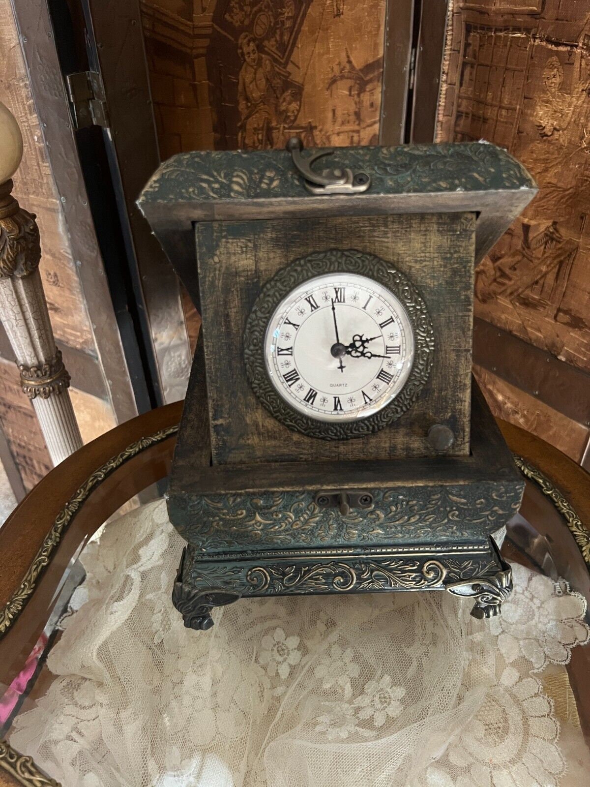 Ornate Vintage Style Green Gold Jewelry Box Floral Raised Pattern Decorative Footed Chest Clock Hidden Compartment Elegant Unique Treasure