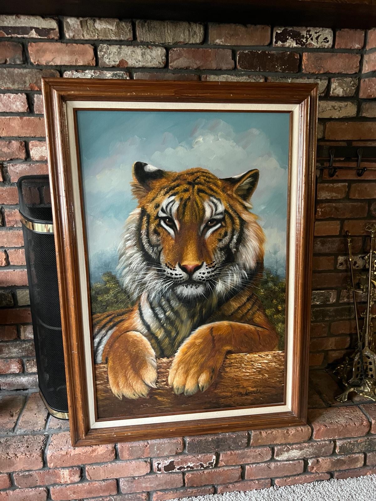 Vintage Tiger Oil Painting Framed Realism Style Bold Wildlife Art Mid Century Wall Decor Statement Animal Nature Lover Home Accent Piece