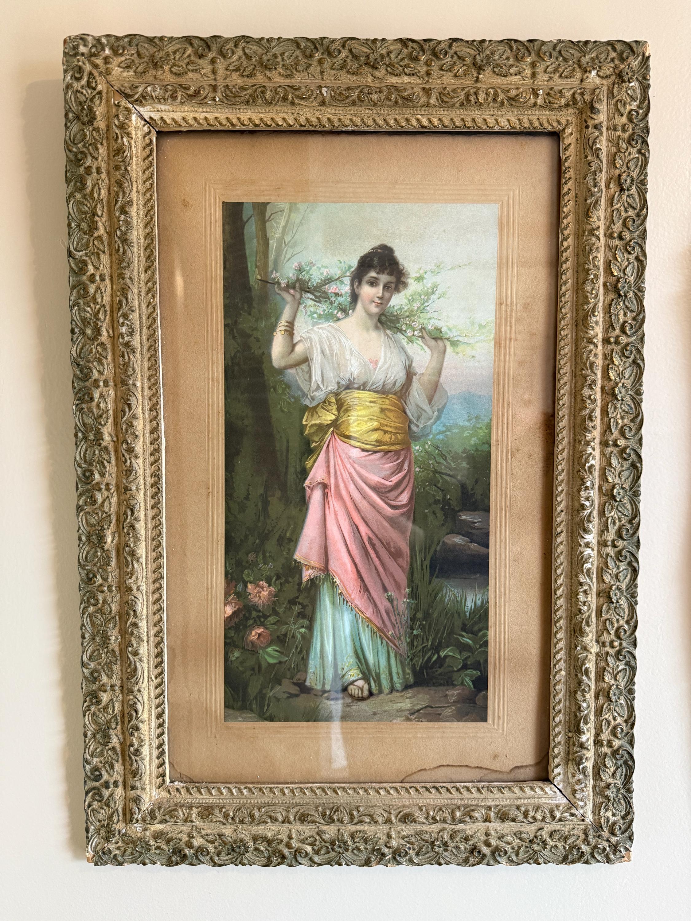 Antique Victorian Woman Paint on Plaque Framed Antique Victorian Framed Print Romantic Woman Flowers Ornate 19th Century Artwork Wall Decor
