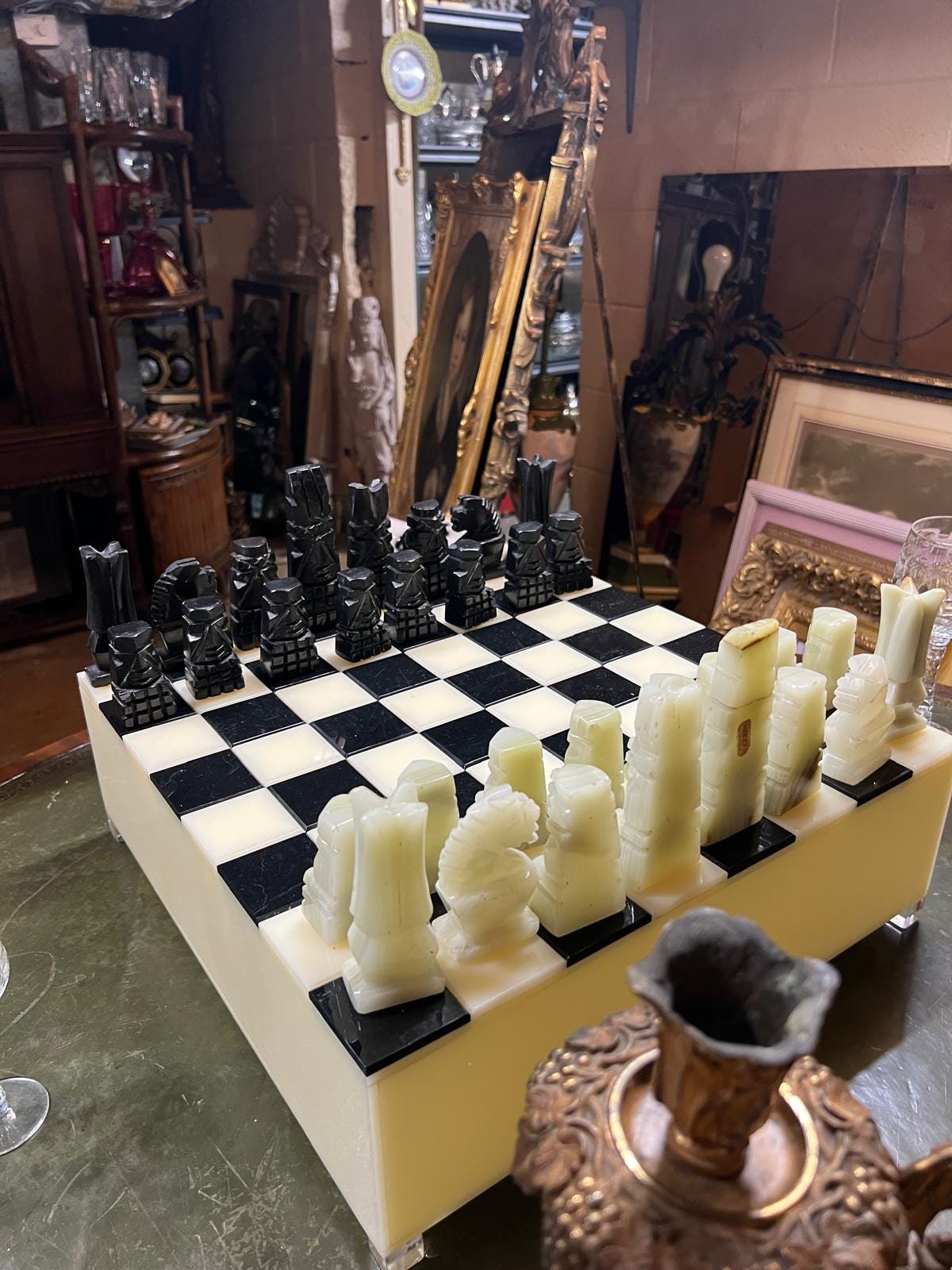 Vintage Hand Carved Onyx Marble Chess Set Complete Mid Century Modern Black White Board Unique Game Room Decor Statement Display Piece