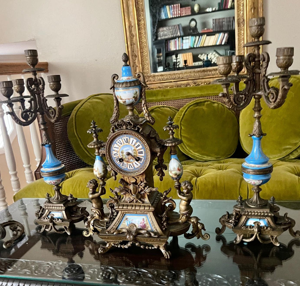 Antique French Sevres Style Clock Set Bronze Blue Porcelain Candelabra Mantel Decor Elegant Rococo Design Home Accent Collectible Piece