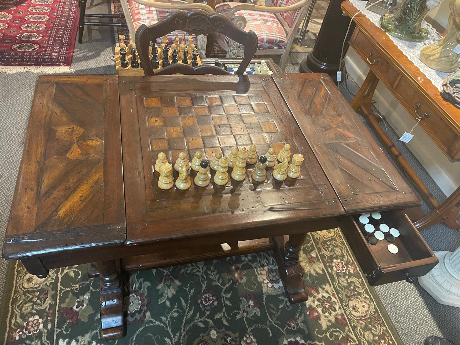 Antique Handcarved Walnut Chess Table, Backgammon Game by Theodore Alexander