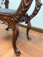 Antique Figural Carved Wood Bench Neo Classical Cherub Style Upholstered Seat Victorian Era Decorative Bench Tapestry