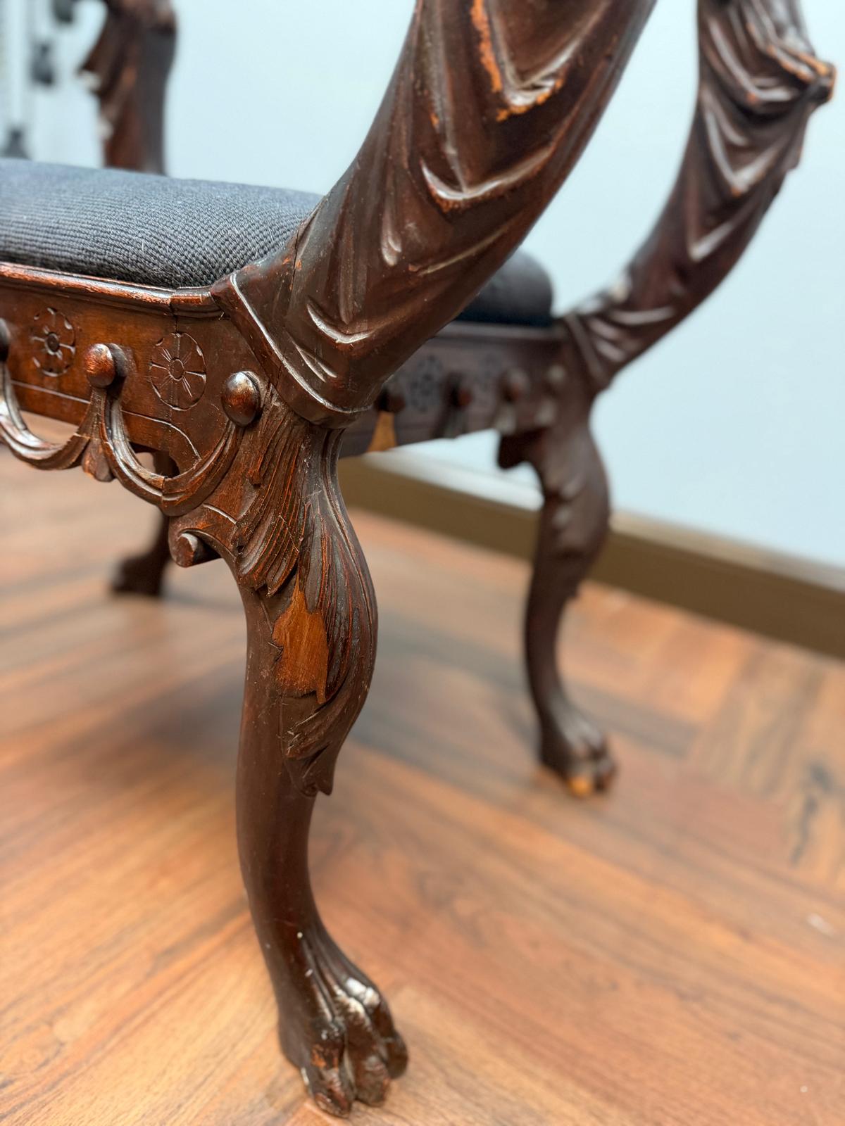 Antique Figural Carved Wood Bench Neo Classical Cherub Style Upholstered Seat Victorian Era Decorative Bench Tapestry