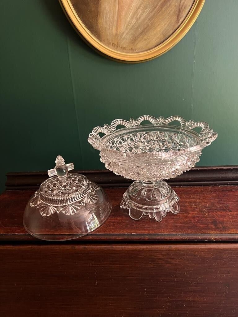 Vintage Pedestal Cut Glass Candy Dish Lidded Crystal Compote Elegant Pressed Glass Centerpiece Ornate Decorative Bowl Table Display