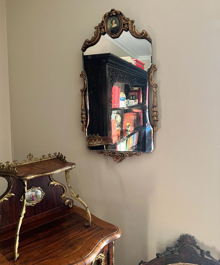 Antique Wall Mirror Victorian Style Ornate Frame Beveled Glass Portrait Detail Rococo Decor Hanging Mirror Carved Wood Gold Finish Accent