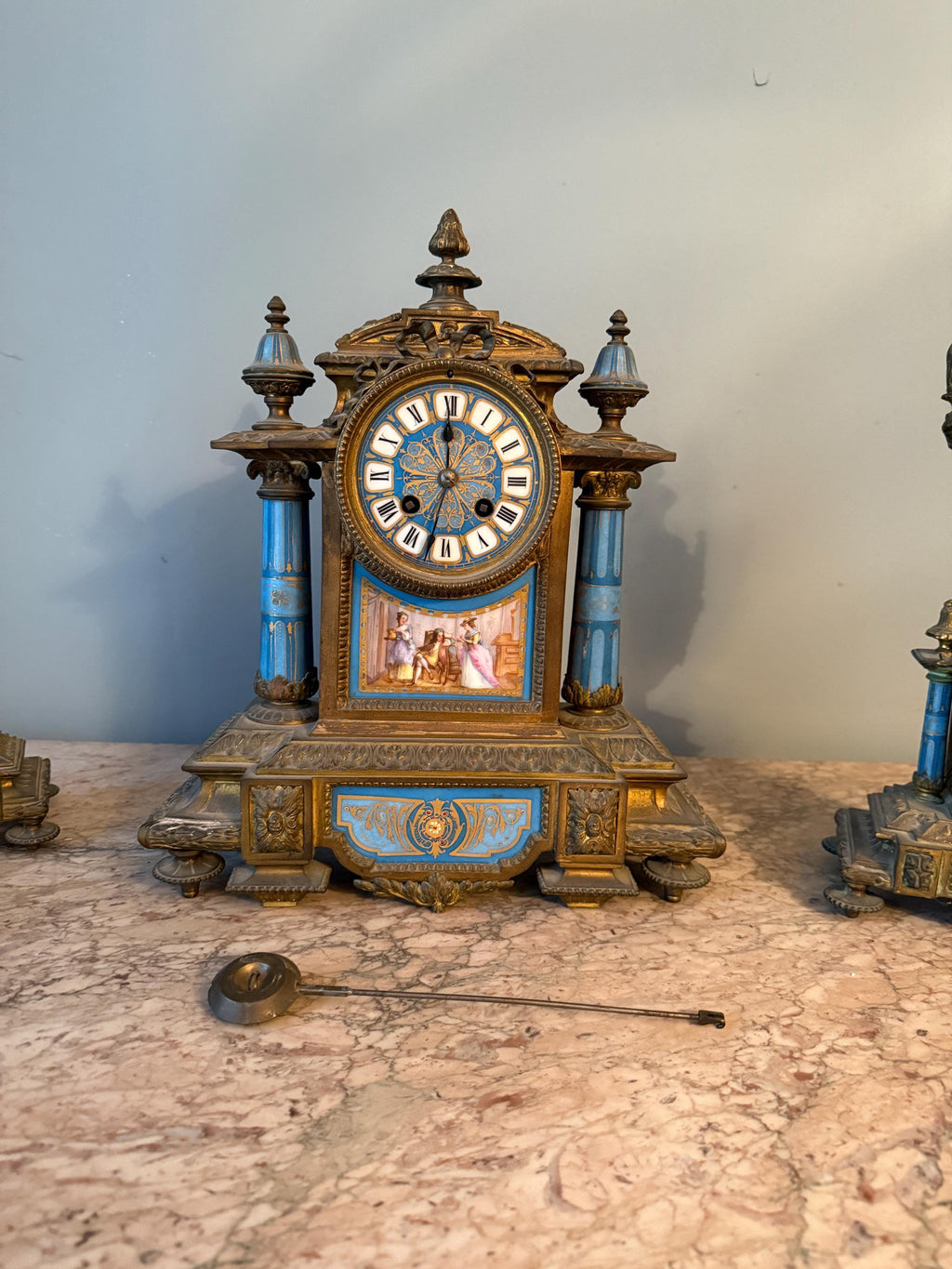 Exquisite Antique French Sevres Blue Porcelain Gilt Bronze Clock Set Late 19th Century 3 Piece Mantel Garniture Hand Painted Romantic Scenes