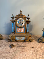 Exquisite Antique French Sevres Blue Porcelain Gilt Bronze Clock Set Late 19th Century 3 Piece Mantel Garniture Hand Painted Romantic Scenes